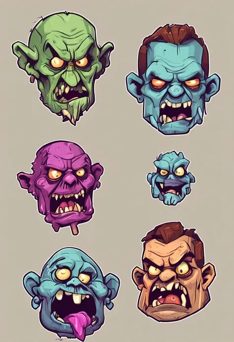 Four different cartoon zombie heads with different expressions, 2 d low polygon art, design de personagem monstro, concept art design illustration, 2d illustration, 2d illustration, character illustrations, estilo de arte sinistro e sombrio, 2d digital ill...