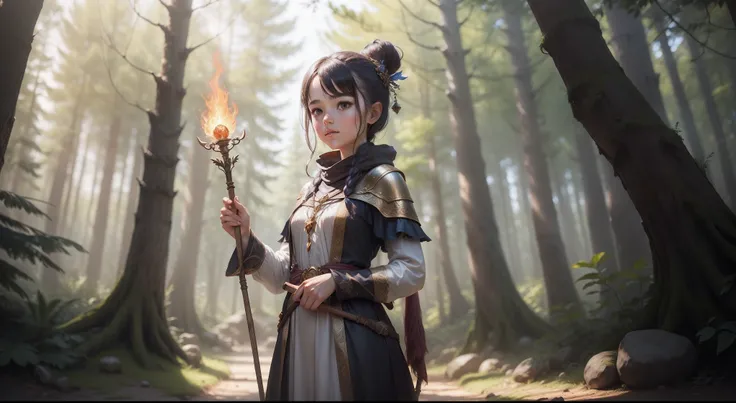 Little Sorceress in Fantasy, In her hands she holds a cedar staff, Around the bright glade, High facial detail. beatiful face, Full-length, fireball