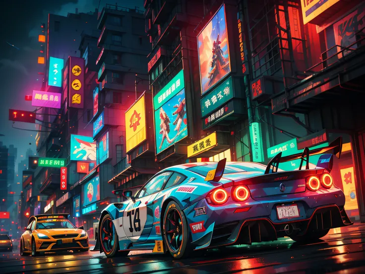 Best quality, masterpiece, ultra high res, Capture the adrenaline-fueled excitement of a sleek, high-performance racing car dripping, red, blue, fires, neon light, dust, full car show, from side, cyberpunk racing car, tokyo cyberpunk night,Detailed,Realist...