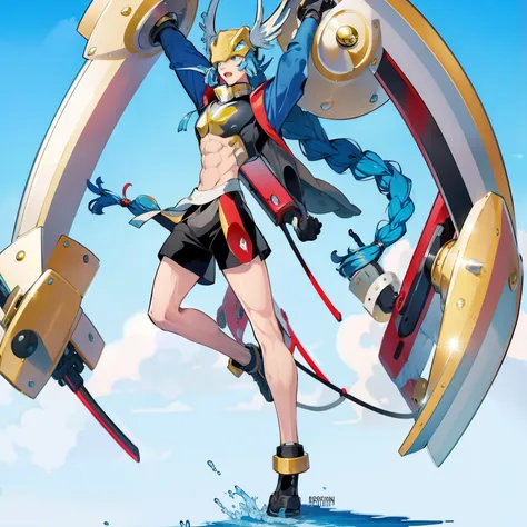 ,((masterpiece: 1.2)),ultra-detailed, ultra high res, high quality, 4K, solo, 1boy, extremely toned ,beautiful,illustration,masterpiece,(illustration),(highres),weapon,(fullbody),digimon,standing,blue_hair,(crossed leg),braid,tight shorts, Male Minveramon