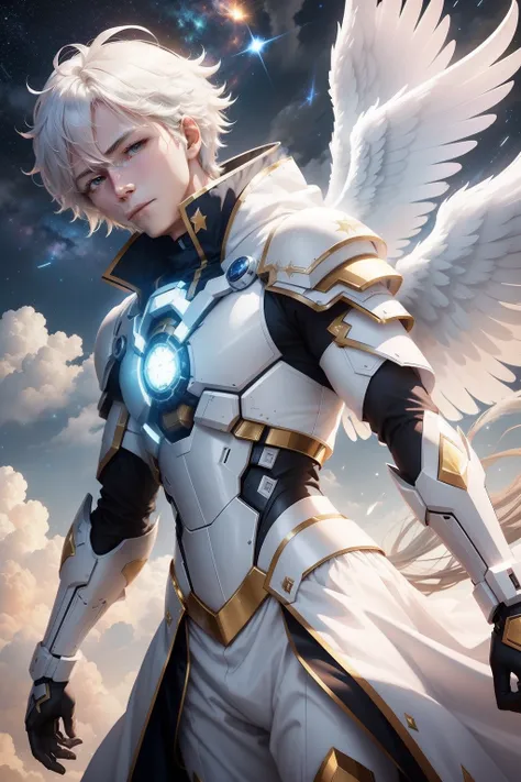 Angels with six wings，Divine brilliance，Pure white halo，In the mecha wind，On the clouds that stop at times，Illuminated starry sky background，The male protagonist is cold。