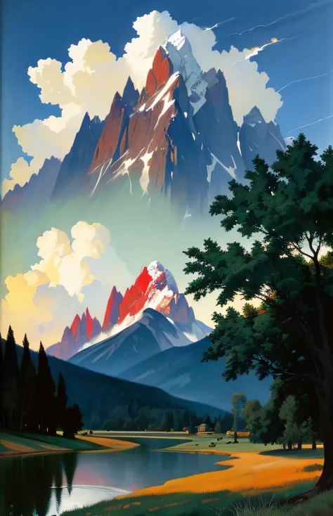 painting by sargent and rhads and leyendecker and greg hildebrandt evening sky, low thunder clouds foothpath with trees at indian summer with zugspitze fitz roy in background, colours green, red, blue black and white, acuarela