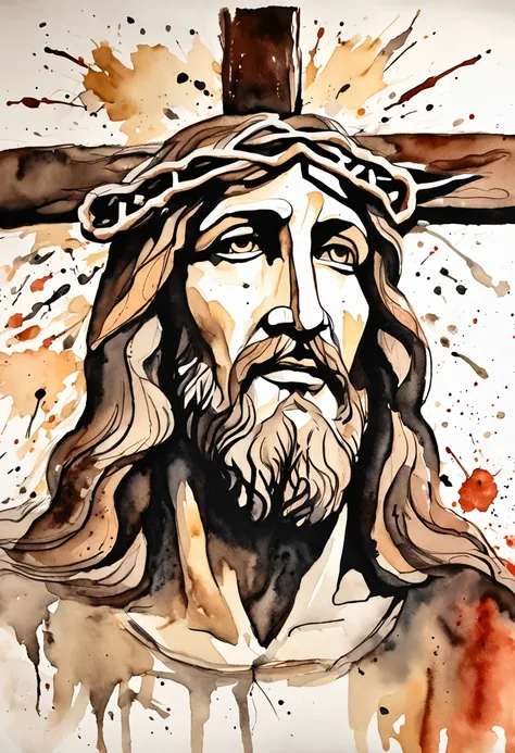 (respingo de tinta, pingos de tinta, splatter de tinta), tinta marrom, monocromatic, shades of brown and red, Aquarela, pinceladas largas, faca de paleta, non-portrait painting of Jesus Christ, Olhos detalhados, ((olhos pretos)), cabelos escuros, hands hid...