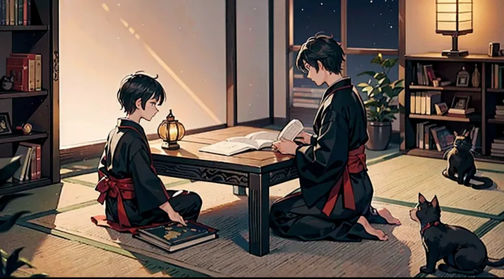 #Quality (intricate-detail、ultra-detailliert:1.2),
#night sky (darkness of night,no light),
#one writing boy (16 male、Honor Students、A dark-haired、short-hair、hakama,sit flat),
#black room at night (no light,black cat,wooden low table,one candle,pretty tata...