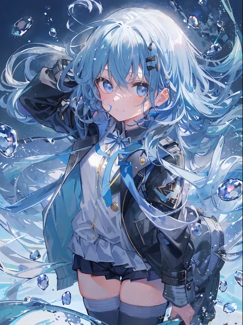 ((top-quality)), ((​masterpiece)), ((ultra-detailliert)), (extremely delicate and beautiful), girl with, 独奏, cold attitude,((Black jacket)),She is very(relax)with  the(Settled down)Looks,A dark-haired, depth of fields,evil smile,Bubble, under the water, Ai...