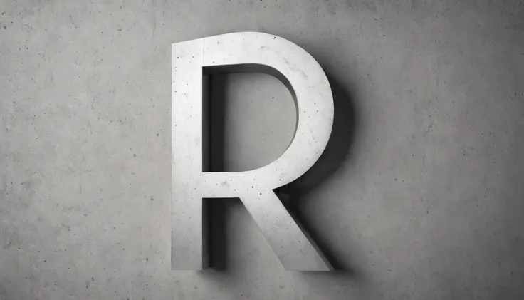 realistic front view of a concrete wall with a big modern P letter, a sans script font style made by a shinning steel material, with shadow above the P letter