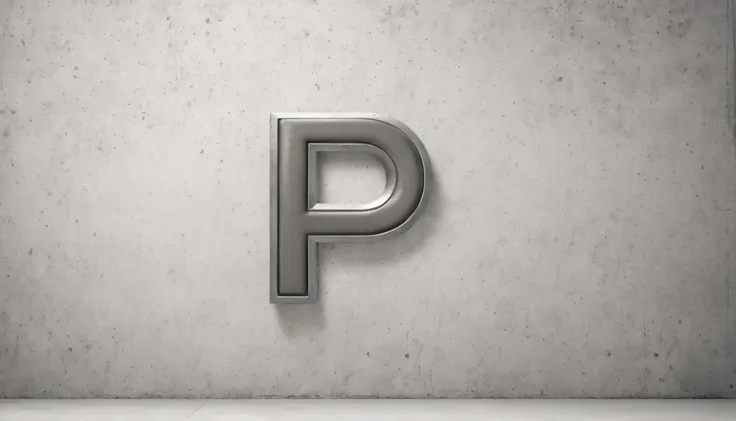 realistic front view of a concrete wall with a big modern P letter, a sans script font style made by a shinning steel material, with shadow above the P letter