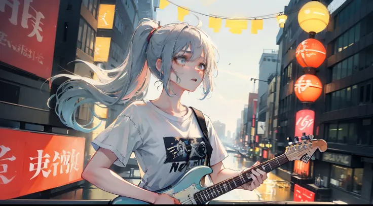 On the bridge of Dotonbori in Osaka、Guitar and Stand Microphone、Singing Girl、White t-shirt and damaged skinny jeans、Air Jordan Shoes、Wide-angle size、Photos away、Girl Playing Guitar、Enthusiasm、Works over smartphones、Delicate painting、A detailed face、Super b...