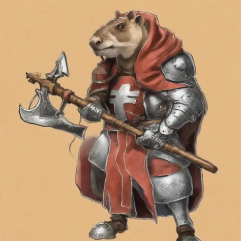 um close up de um desenho animado de uma capivara vestido com armadura, guerreiro capivara, cavaleiro medieval, rodent a character illustration for rpg a medieval art game banner art rpg