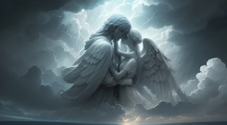 Create a serene, heavenly image that represents the presence of an angel comforting a person in the midst of a storm, symbolizing the idea that the divine guides us through adversity --auto