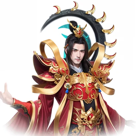 A man dressed in red and gold holds a Chaos clock, Donghuang Taiyi, immortal,  xianxia hero, the god emperor of mankind, zhao yun, Great God of Antiquity，There is a three-legged golden crow on the chest