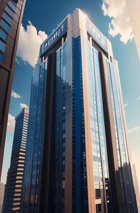 A tall building，Office，On the roof of the building was written the words Glory Group，