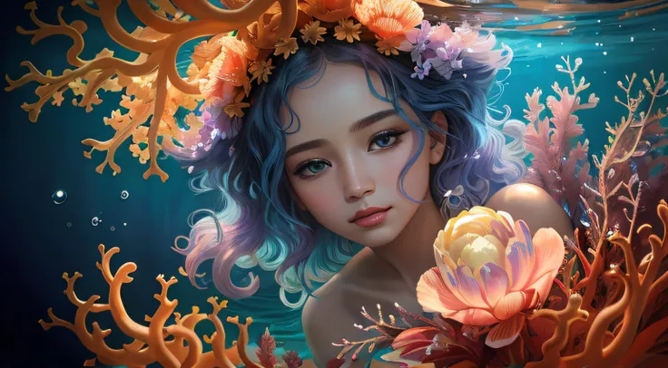 Sereia com cabelo azul e uma coroa de flores segurando uma geleia, Beautiful digital illustration, a beautiful artwork illustration, stunning digital illustration, exquisite digital illustration, arte digital detalhada bonito, bela arte digital, pintura di...