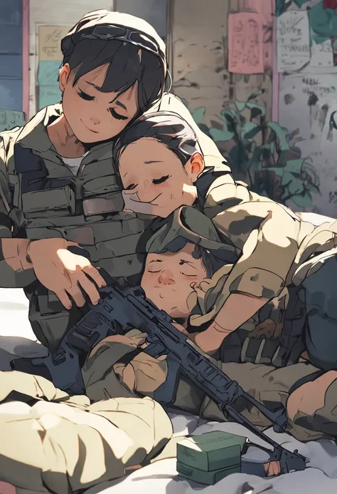 1 boy, crying, holding M16, wearing a soldiers uniform, love, hugging a dying girl