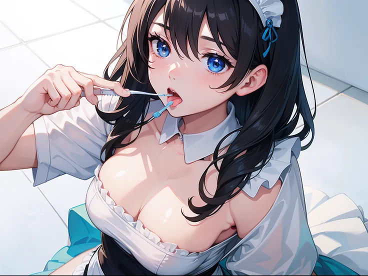 (masterpiece, best quality),1girl, looking up, close-up face, from above, open mouth,( brushing teeth:1.3), pov,break girl, maid, maid headdress, black long hair, blue eyes, half-closed eyes, blush, saliva, cum on mouth