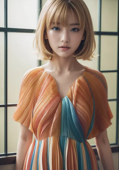 the Extremely Detailed CG Unity 8K Wallpapers、top-quality、ultra-detailliert、​masterpiece、studio shoot、Full body portrait、(Multi-colored pleated dresses in light tones:1.4), realisitic、Behind the photo、large full breasts、realisitic、Photo Real、extremely deta...