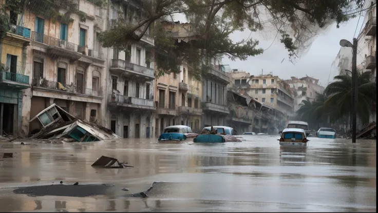 realistic, Havana, ((collapsed buildings)), torrential rain, severe flooding, chaos and destruction, atmosphere of despair