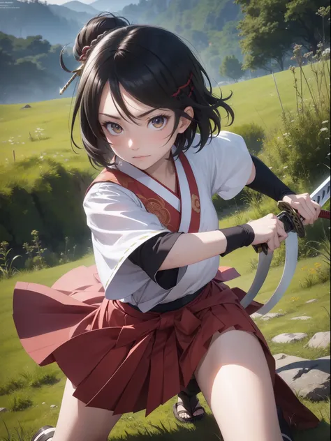 (masutepiece, Best Quality, Highly detailed, ultra-detailliert, High resolution, absurderes, 4K, 8K),1girl in,Japanese,Short hair, Straight hair, Hakama, haori,Iai,Iai, Serious ,The upper part of the body,Dynamic Angle, (unsheathing),(Japanese Sword:1.3),S...