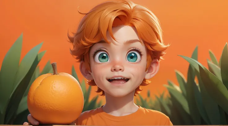 cute little boy character, orange hair, orange t-shirt, green eyes, in field background ,blue sky, pixar disney cartooon style