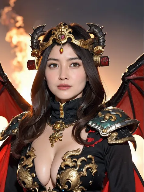 Professional , ​masterpiece、top-quality、photos realistic , depth of fields （Gemstone Black Metal Body:1.９),(Enamel Black、（cleavage of the breast）、（Chinese Dragon）、Mystical expression、Dragon Gold Weapon（Dragon Metal Body:1.４),Gorgeous gold weapons ,（（ Drago...