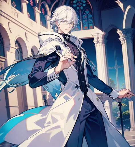 white hair，silver eyes，smiling,man , handsome