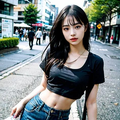 Girl taking photo in black bra and tight denim、arm behind back、full bodyesbian、cropped t-shirt、bra very、slim figure、Petite bust、Slim girl model、24歳の女性モデル、In the street