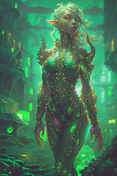 Amazing anatomy, (beautiful female Elf Biopunk), shiny skin, dynamic pose, biopunk city background, (slimy, organic, glistening, ((bioluminescence)), (64k ultra hd:1.1), (art by apterus, art by dan mumford, art by lovecraft:1.2), best quality, vivid colors...