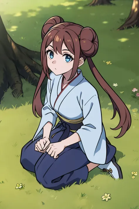 ro1, hair bun, twintails, long hair, blue eyes:1.5, hanfu, tang style, full body, sitting on ground, perfect eyes:1.2, detailed eyes:1.4, masterpiece, best quality,