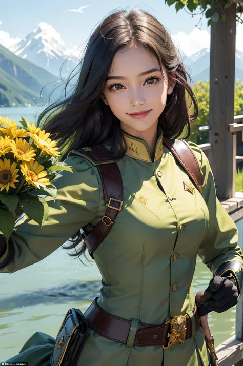 A beautiful girl，Sweet smile，（Smooth facial details:1.6），（Yellow epaulettes:1.6），（Fighting posture:1.3），Wearing a green military uniform，（full armour:1.2）fresh flowers，lakes，parks，a hoge