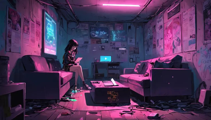 graphic novel illustration, In the cyberpunk basement, Cyberpunk era, Dark and underground, Poor neon lighting. It has a battered leather sofa and a table, A girl uses the laptop sitting on the floor. Grafite escrito "ALLFAVELA" e cartaz dos beatles na par...