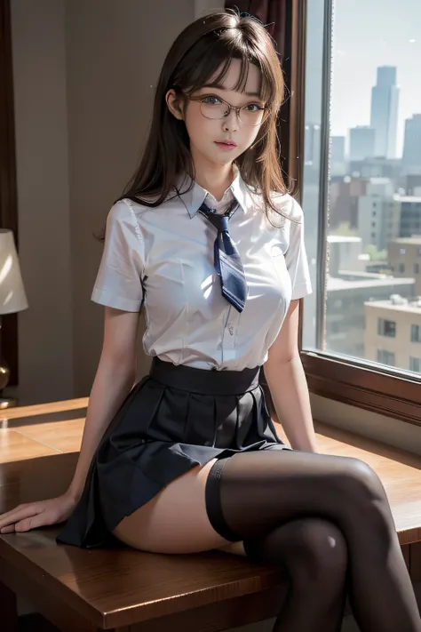 (Cute girl sitting by the window and opening her legs)、Thin leg、High heels on the ground、bedroom in luxury hotel、(​masterpiece:1.3)、(8K、Photorealsitic、Raw photography、top-quality:1.4)、(1girl in)、beautiful countenance、(Lifelike face)、A dark-haired、length ha...