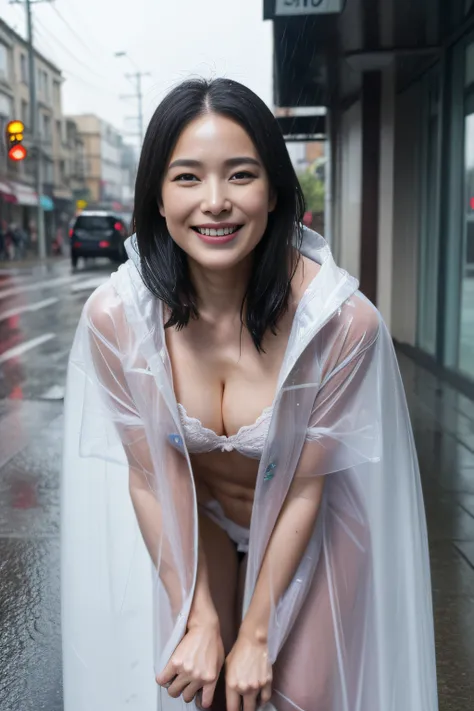 Naked_Transparent raincoat hood down,（bra very_panties on）、A MILF、A little ugly face,Beautie, Seductive smile、naughty expression、Heavy breathing,Full body shot, masutepiece, Best Quality, (Photorealistic:1.4), 3 point perspective, Smiling, Perfect face, De...