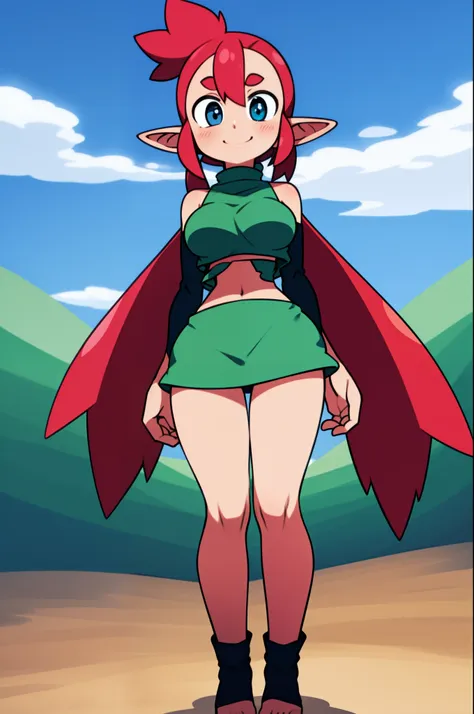 loam, standing, short, vest, elf girl, medium breast,,red hair, elf ears,tomboy, forest, alone, smile