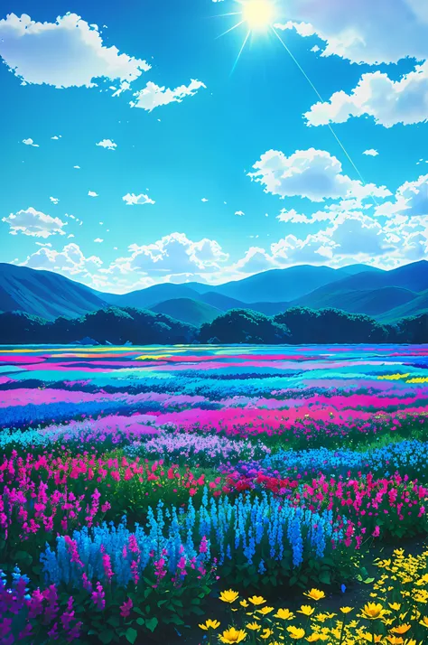 vibrant blue tinted colors, skyscraper, highly saturated colors, Fujifilm Fujichrome Provia 100F film, flower field, purity and dreamy symbolism, (muted colors:1.2), (photon mapping), octane render + hyper realistic, storage, (8k), hdr, sunny,