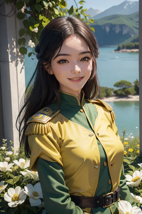 A beautiful girl，Sweet smile，（Smooth facial details:1.6），（Yellow epaulettes:1.6），（Fighting posture:1.3），Wearing a green military uniform，（full armour:1.2）fresh flowers，lakes，parks，A high resolution