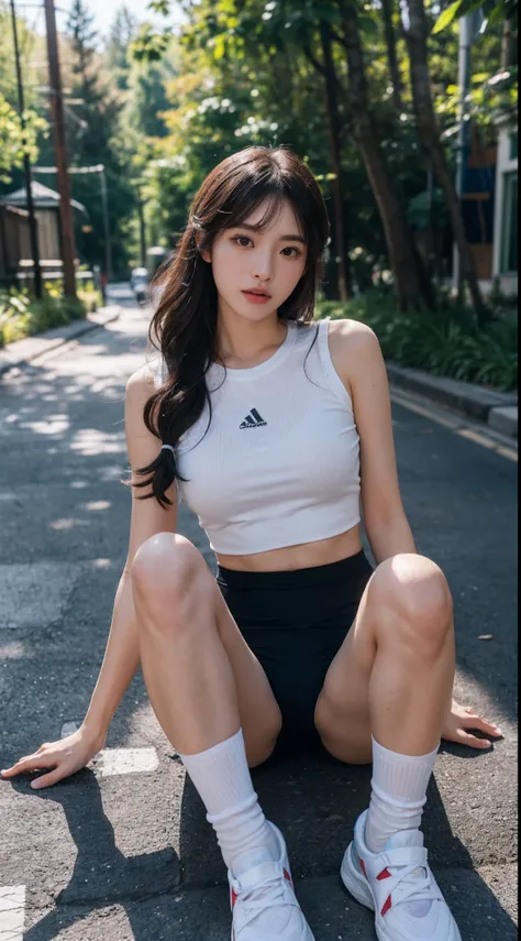 (8K,tmasterpiece,RAW photos,best qualtiy,the detail:1.2),Korean female model，Height 175 cm，perfect bodies，Long legs，wavy and long hair，Wear a gym top and yoga shorts，at a forest，（（Pantyhose）），(Wearing sneakers+White sport socks)，Ray tracing