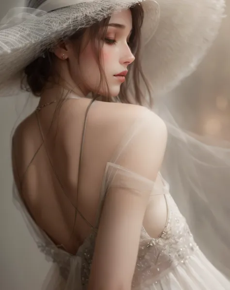 Close-up of a woman in a white hat and dress, Ethereal beauty, Very ethereal, ethereal back light, Soft ethereal lighting, Dreamy and ethereal, Incredibly ethereal, ethereal details, Ethereal and dreamy, delicate soft hazy lighting, in style of wlop, intri...