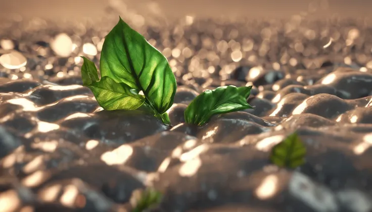 Uma formiga jaz diagonalmente em uma folha, SEGURANDO UM PEQUENO galho，There is a drop of dew on the leaves，durante a madrugada，Photographer with high angle lens，photorealistic cinematic render, cinematic 3d render, realistic cgi render, depicted as a 3D r...