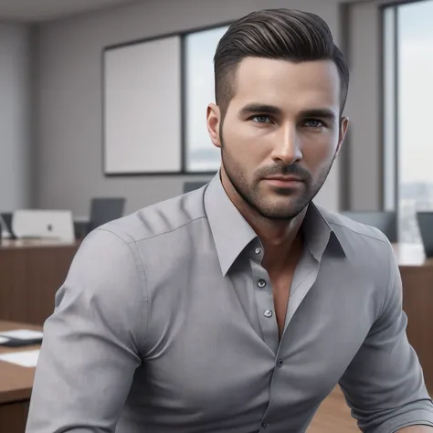 MALE, 30 YEARS OLD, GREY DRESS SHIRT, INSIDE THE OFFICE, (8K, best quality: 1.2), (masterpiece: 1.37), (photo, photorealistic: 1.37), (ultra-high resolution),(high sharpness), detailed face and eyes, Masterpiece, best quality, (highly detailed photo: 1.1)