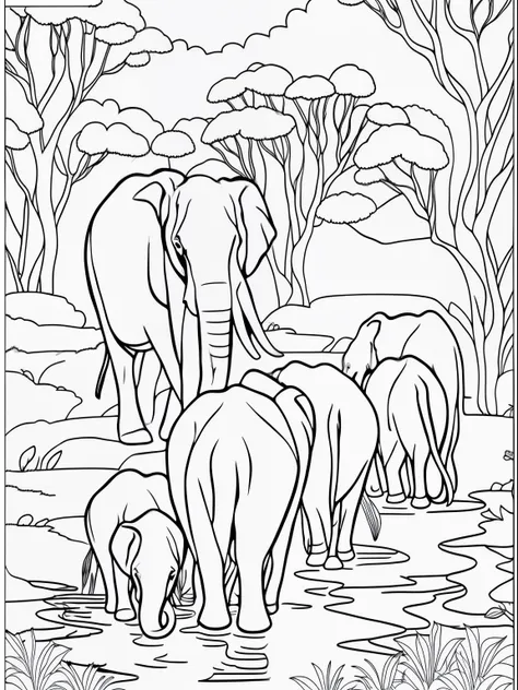 Coloring page of a herd of elephants drinking water