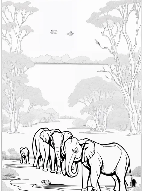 coloring page of a herd of elephants drinking water