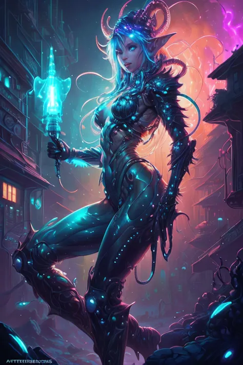 Amazing anatomy, (beautiful female Elf Biopunk), cowboy shot, shiny skin, dynamic pose, biopunk city background, (slimy, organic, glistening, bioluminescence), (64k ultra hd:1.1), (art by apterus, art by dan mumford, art by lovecraft:1.2), best quality, cg...