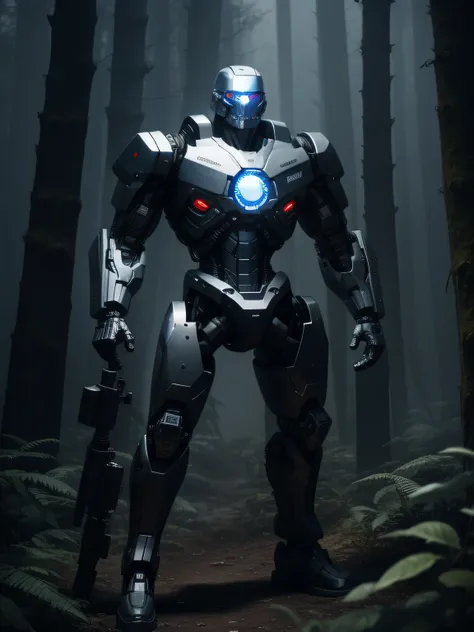 A high modified terminator in the dark fog forest with high automatic gun, full body, 8k, ultrarealistic