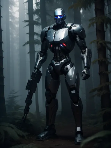 A high modified terminator in the dark fog forest with high automatic gun, full body, 8k, ultrarealistic