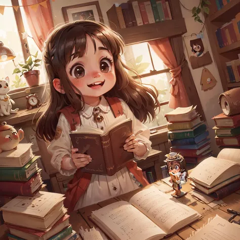 Mia is 9 years old and has flowing brown hair, bright eyes, stands in front of an old book in her grandmothers attic. She looks at it curiously, with big eyes and a smile.