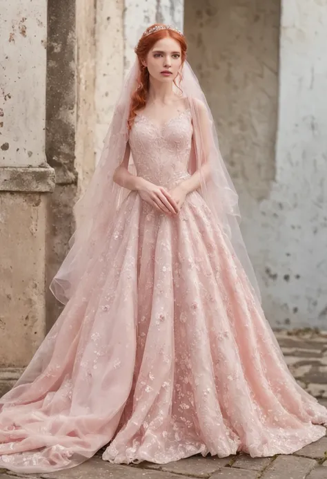 (Full body photograph of 1 red-haired girl dressed as a bride with large, transparent veil and pink color dress + suave e delicado + cabelos loiros)+(Vestido longo em cores brilhantes, Luz brilhante, Cabelo loiro longo e liso + Olhos brilhantes e acolhedor...