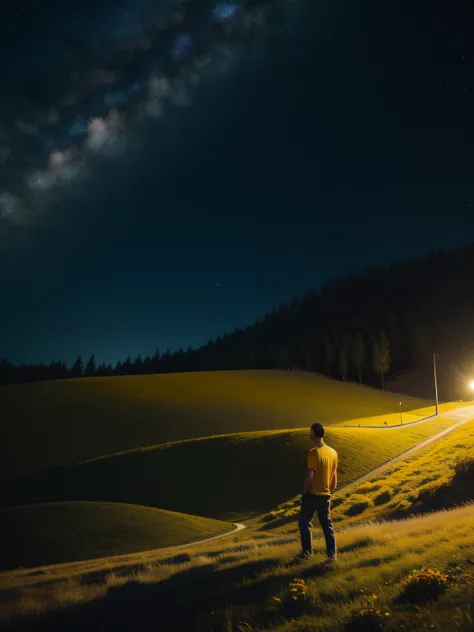 A man yellow tshirt on the hill in the night, galaxy, 8k, ultrarealistic