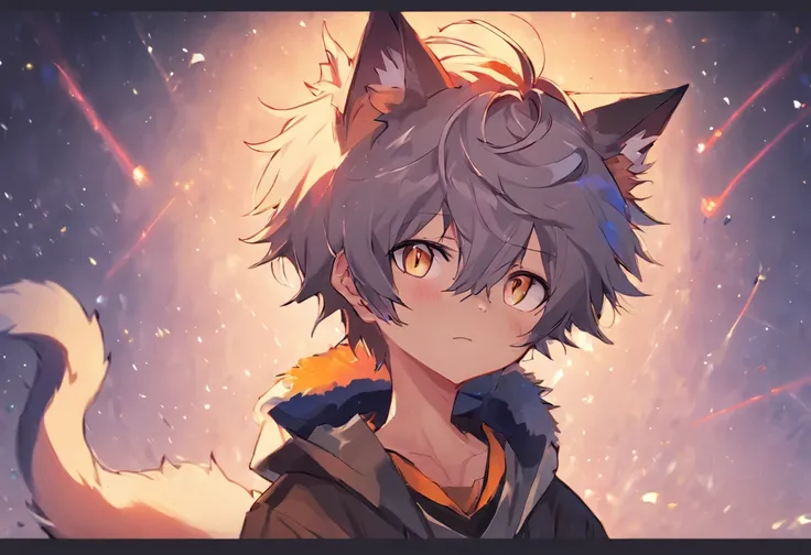 anime character with cat and collar, boy with fox ears, anime boy with cat ears, cute anime catboy, fox ears, anime catboy, fox ears illustration, foxboy, beautiful anime catboy, boy with cat ears and tail, calico colored hair, amber eyes