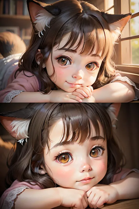 Draw a heartwarming scene of a calico cat and a little girl。The girl is holding the cat gently.、The two lovingly stick nose to nose。The cat closes its eyes in relief、The girl is also smiling。Backgrounds in soft tones、Emphasize the bond and affection betwee...