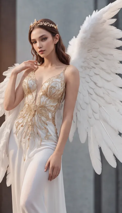 Generate an image of an angel with pure white wings. Give this image a shining aura and graceful movement of the wings. Next, add a sexy angel dress designed to emphasise the curves of the body, with feather accents to give it a special touch. Further, com...